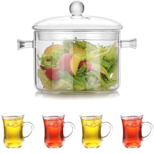 Borosilicate Glass Cooking Pot w Lid (1900ml) + 6 Pcs Small Glass Tea Cup Set (105ml) | COMBO DEAL