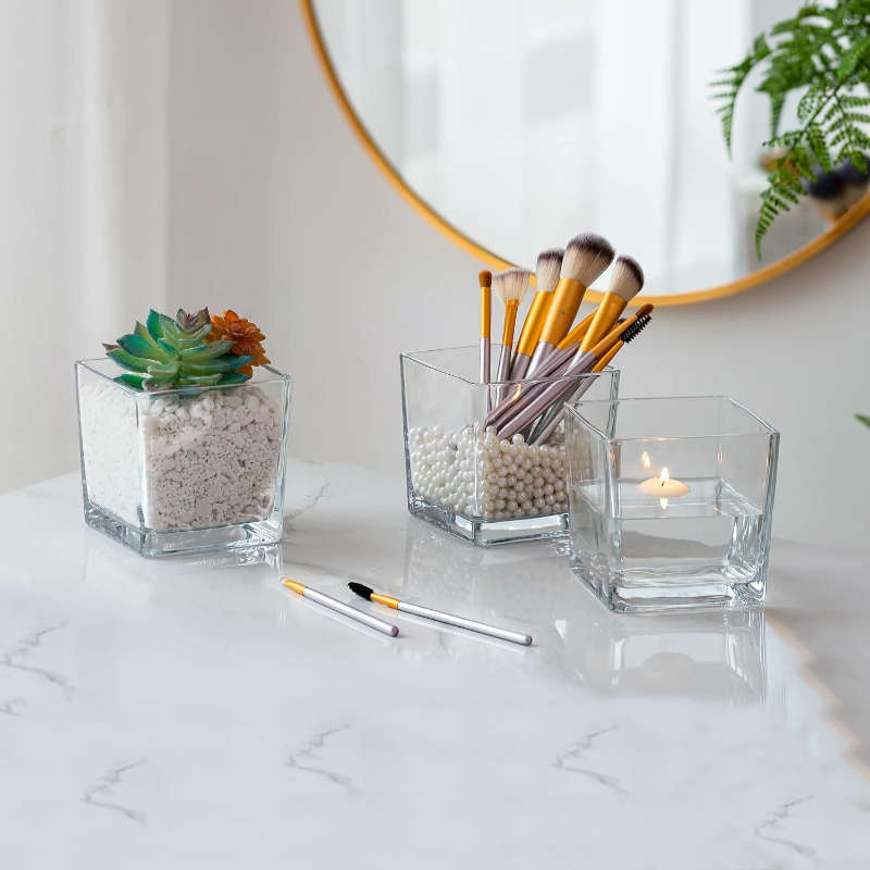 Set of 2 Clear Square Glass Vase Centerpiece for Home or Wedding, Candle Holder, Etc