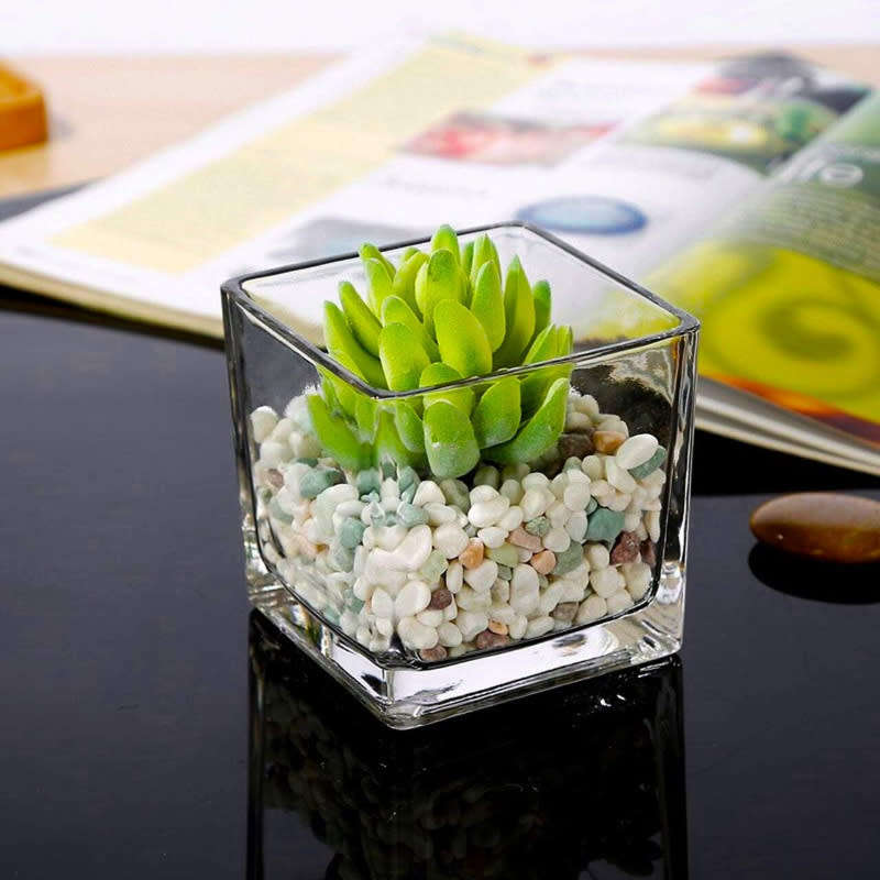 Set of 2 Clear Square Glass Vase Centerpiece for Home or Wedding, Candle Holder, Etc