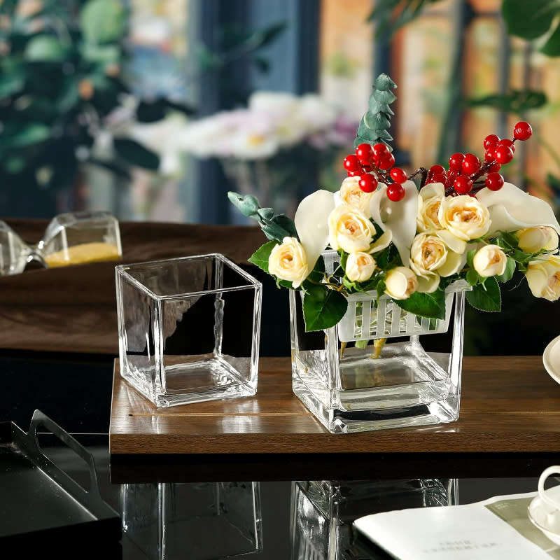Set of 2 Clear Square Glass Vase Centerpiece for Home or Wedding, Candle Holder, Etc