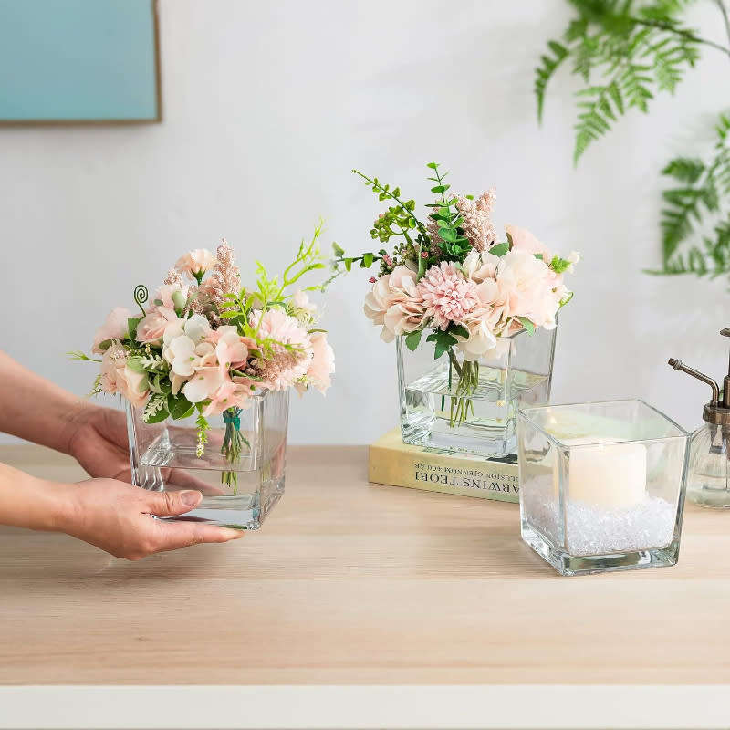 Set of 2 Clear Square Glass Vase Centerpiece for Home or Wedding, Candle Holder, Etc