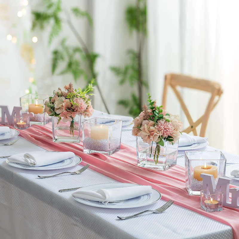 Set of 2 Clear Square Glass Vase Centerpiece for Home or Wedding, Candle Holder, Etc