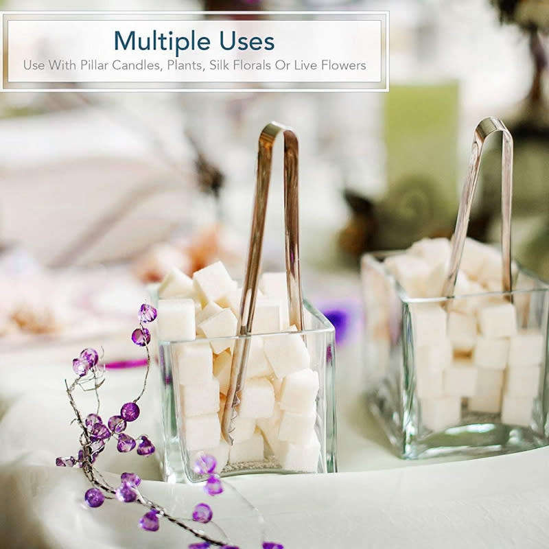 Set of 2 Clear Square Glass Vase Centerpiece for Home or Wedding, Candle Holder, Etc