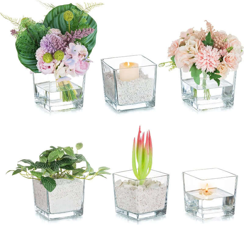 Set of 2 Clear Square Glass Vase Centerpiece for Home or Wedding, Candle Holder, Etc