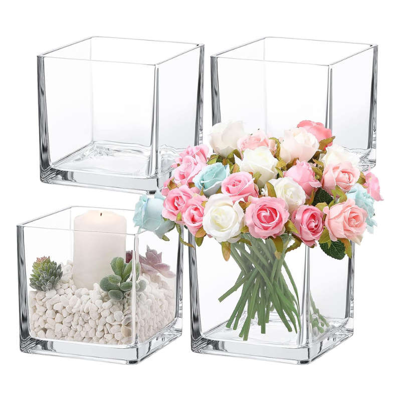 Set of 2 Clear Square Glass Vase Centerpiece for Home or Wedding, Candle Holder, Etc