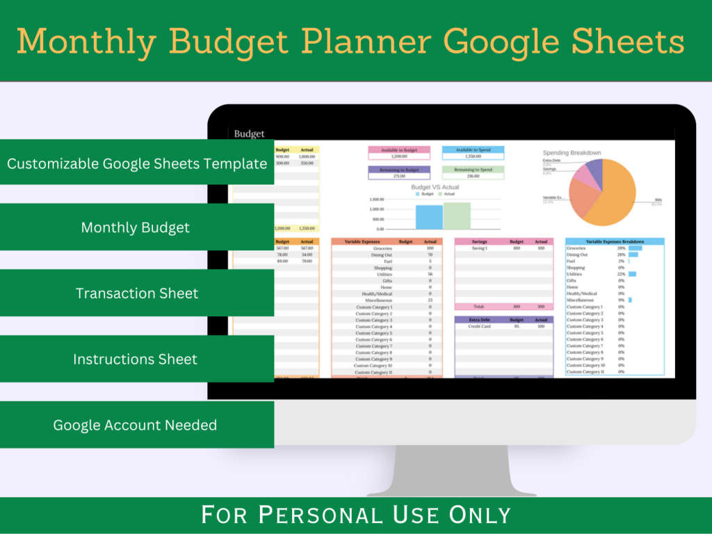 Monthly Budget Planner with Instruction and Transaction Tabs Google Sheets Template