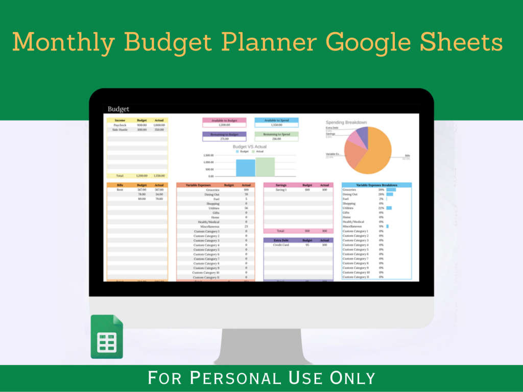 Monthly Budget Planner with Instruction and Transaction Tabs Google Sheets Template