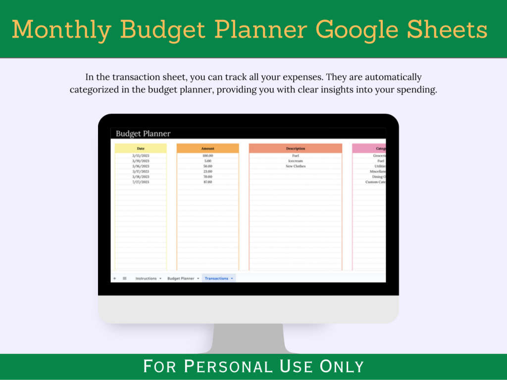 Monthly Budget Planner with Instruction and Transaction Tabs Google Sheets Template