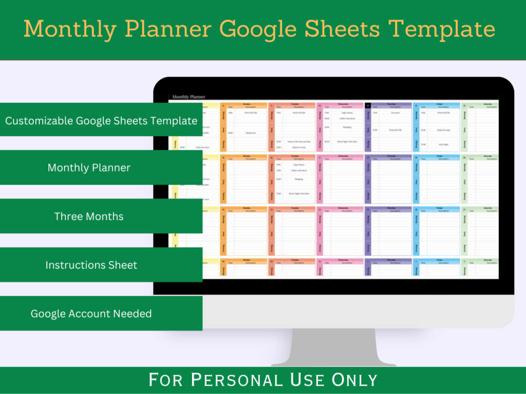 Monthly Planner with Instruction Tab - Google Sheets Template