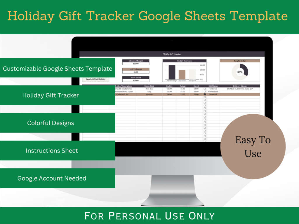 Holiday Gift Tracker with Instructions Tab - Google Sheets Template
