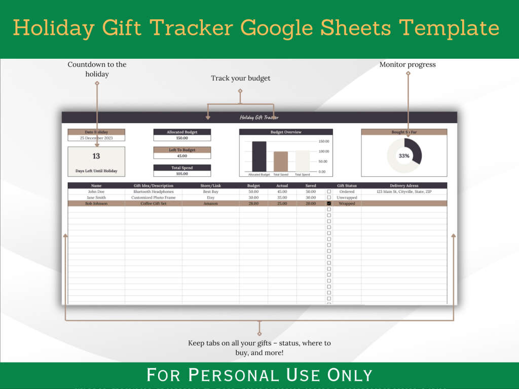 Holiday Gift Tracker with Instructions Tab - Google Sheets Template