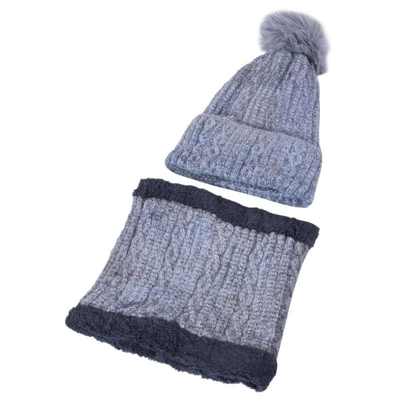 Set of Soft and Warm Woollen Pompom Beanie Cap with Neck Warmer (Random Colour Supplied)