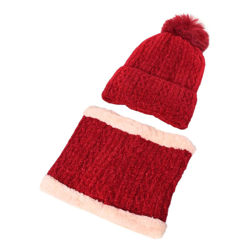 Set of Soft and Warm Woollen Pompom Beanie Cap with Neck Warmer (Random Colour Supplied)