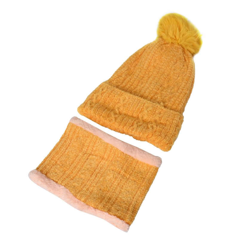 Set of Soft and Warm Woollen Pompom Beanie Cap with Neck Warmer (Random Colour Supplied)
