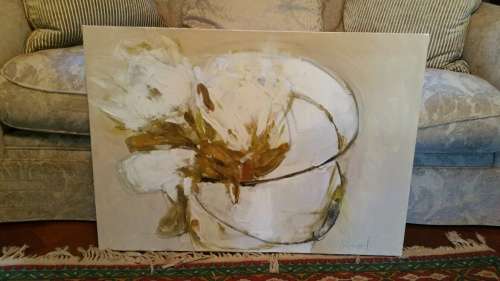 Haley Wright, Oil on Canvas, White Protea in an Enamel Bucket