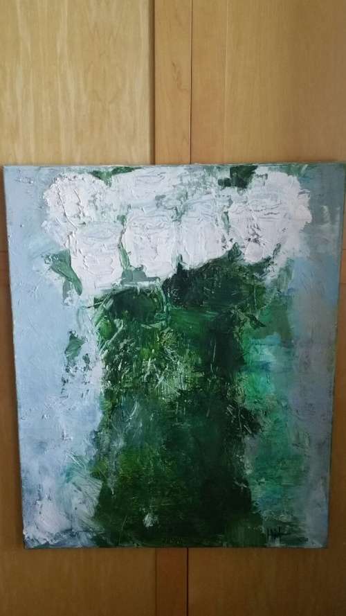Haley Wright, Oil on Canvas, White Roses and Green Leaves