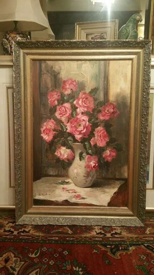 RESERVED FOR SWARTRJ Vermeulen-Breedt, Marie, Oil , "Still Life Deep Pink Roses in a Vase