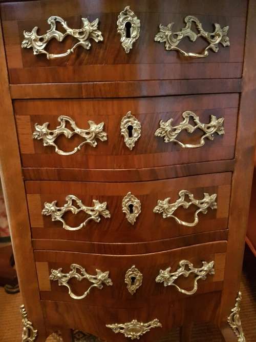 Stunner! Dainty French Walnut Pedestal With 4 Drawers and Brass Details