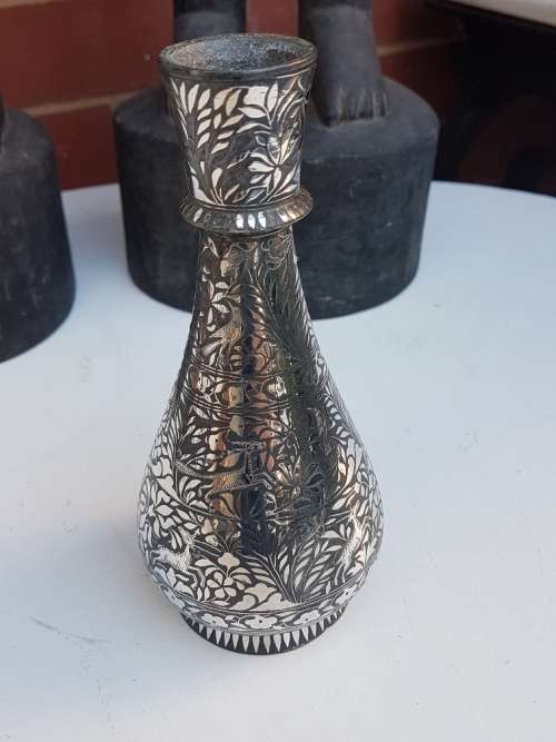 Bidri Indian Metal Vase With Silver Overlay, Floral and Animal Motif