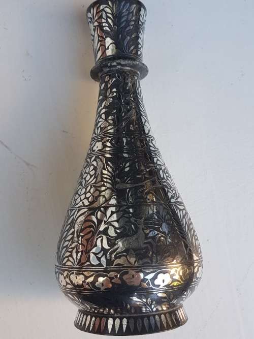 Bidri Indian Metal Vase With Silver Overlay, Floral and Animal Motif