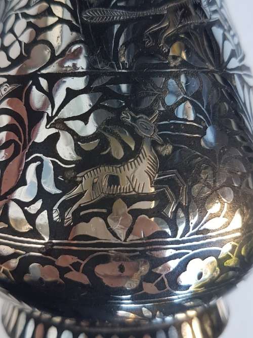 Bidri Indian Metal Vase With Silver Overlay, Floral and Animal Motif