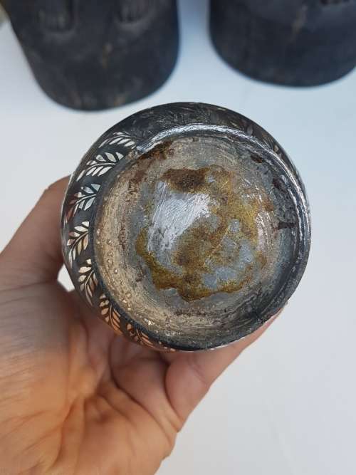 Bidri Indian Metal Vase With Silver Overlay, Floral and Animal Motif