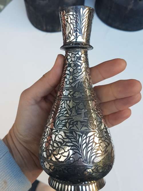 Bidri Indian Metal Vase With Silver Overlay, Floral and Animal Motif