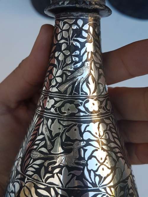 Bidri Indian Metal Vase With Silver Overlay, Floral and Animal Motif