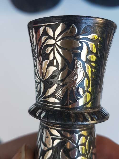 Bidri Indian Metal Vase With Silver Overlay, Floral and Animal Motif