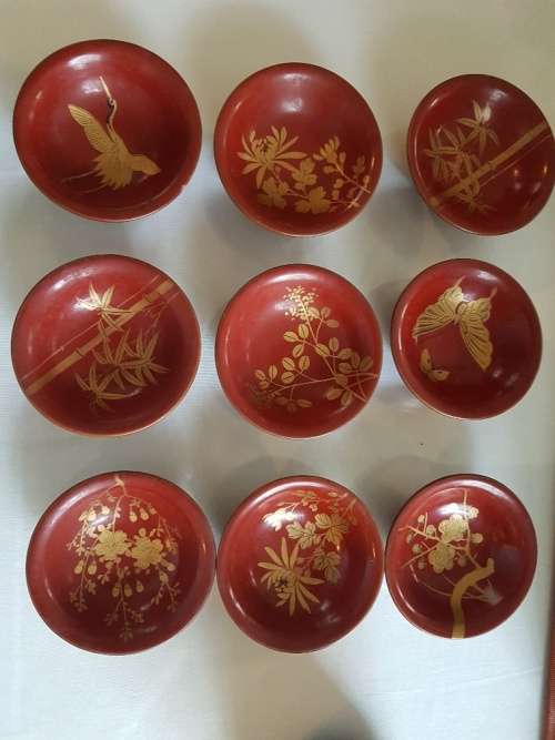9 Vintage Japanese Sake Laquer and Wood Cups