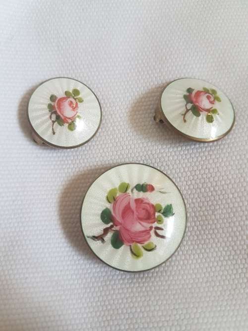 Nowegian Sterling Silver Guilloche Enamel & Rose Earrings with Matching Brooch Finn Jensen Opro