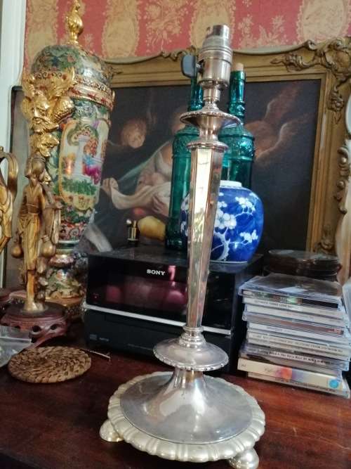 An Outstanding Quality Silver Plated Lamp with a Flow Blue Shade