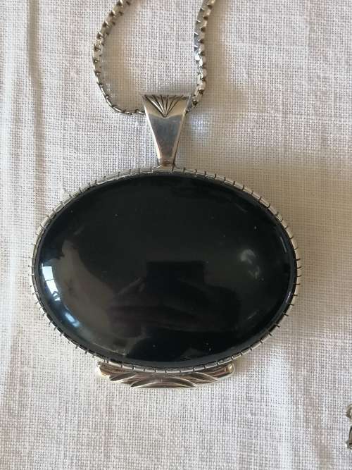 Striking Silver and Onyx Pendant with Silver Necklace