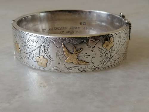 Reserved for Gideon Gorgeous Vintage Silver Bangle With Gold Detailed Swallows and Flowers