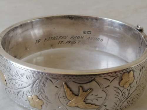Reserved for Gideon Gorgeous Vintage Silver Bangle With Gold Detailed Swallows and Flowers