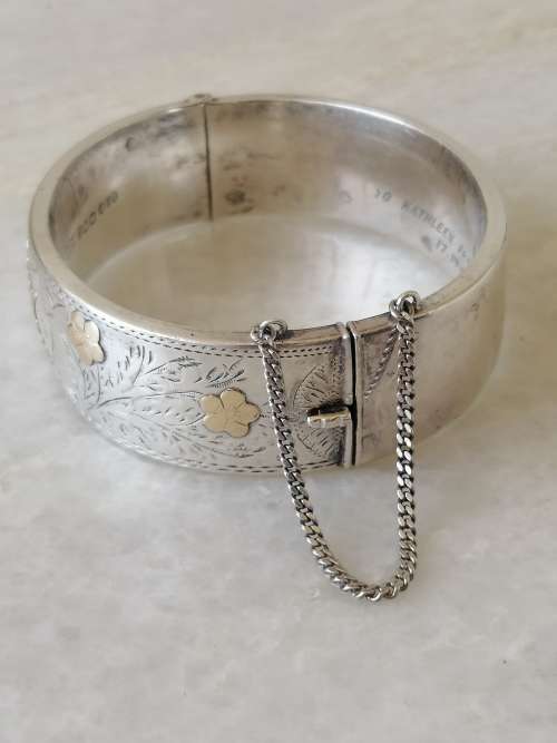 Reserved for Gideon Gorgeous Vintage Silver Bangle With Gold Detailed Swallows and Flowers