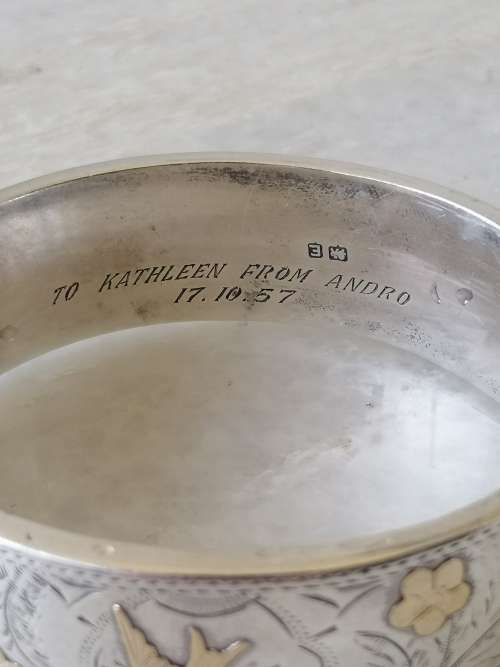 Reserved for Gideon Gorgeous Vintage Silver Bangle With Gold Detailed Swallows and Flowers