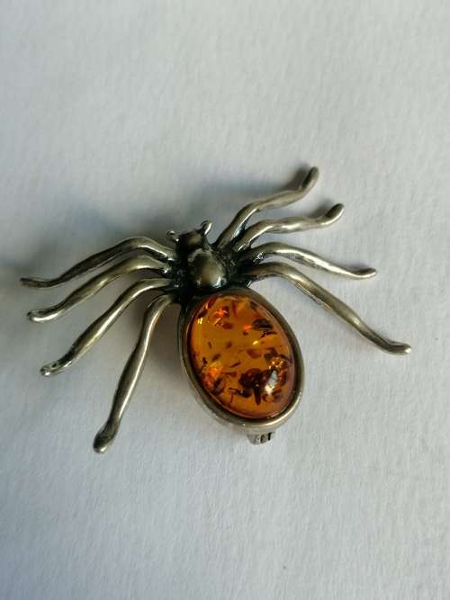 Silver and Amber Spider Brooch