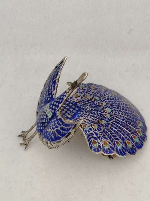 Silver and Enamel Hinged Peacock Brooch, Siam