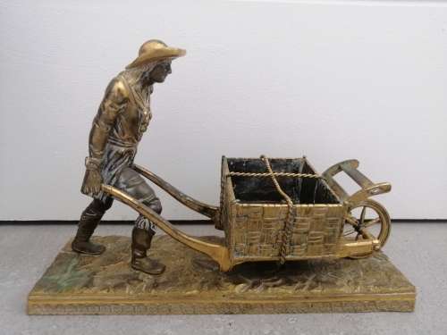 Beautifully Detailed French Ormolu Gilt Bronze Figure of a Farmer and Wheelbarrow