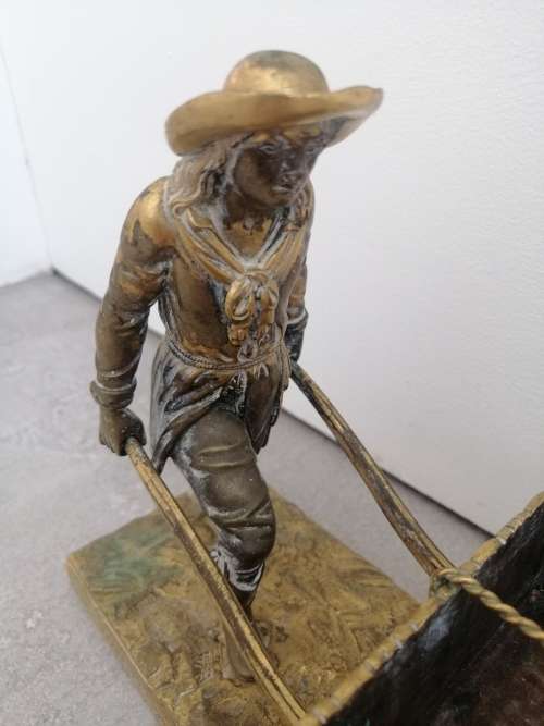 Beautifully Detailed French Ormolu Gilt Bronze Figure of a Farmer and Wheelbarrow