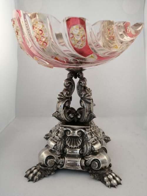 Bohemian Glass and Silver Plated Centrepiece with Dolphins and Neptune Mask Base