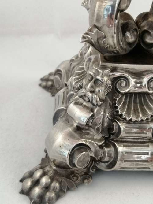 Bohemian Glass and Silver Plated Centrepiece with Dolphins and Neptune Mask Base