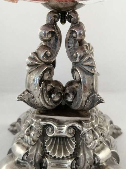 Bohemian Glass and Silver Plated Centrepiece with Dolphins and Neptune Mask Base