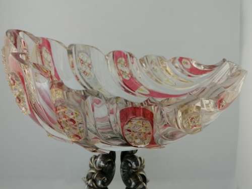Bohemian Glass and Silver Plated Centrepiece with Dolphins and Neptune Mask Base