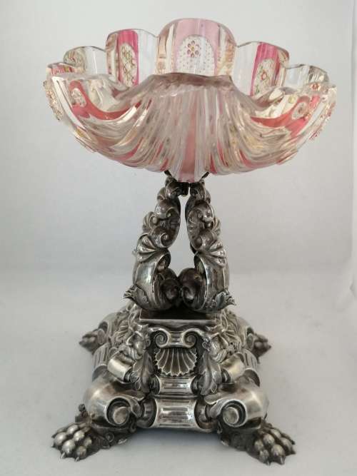 Bohemian Glass and Silver Plated Centrepiece with Dolphins and Neptune Mask Base