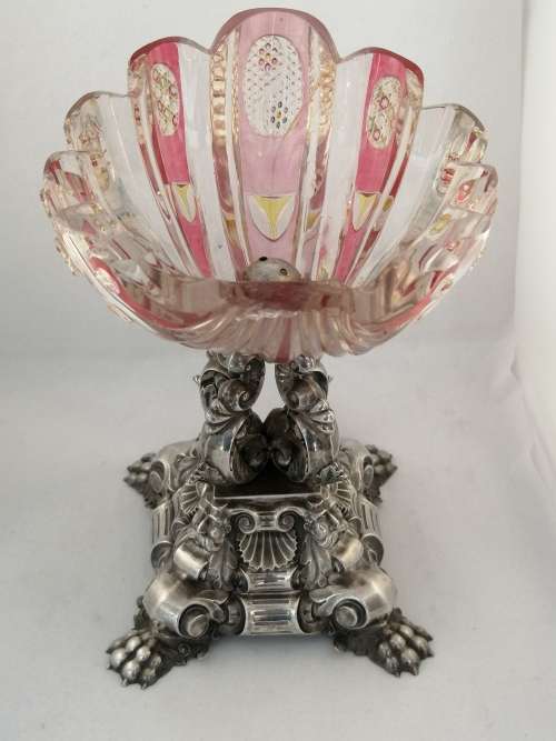 Bohemian Glass and Silver Plated Centrepiece with Dolphins and Neptune Mask Base