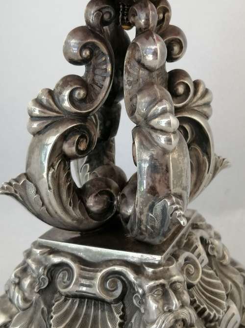 Bohemian Glass and Silver Plated Centrepiece with Dolphins and Neptune Mask Base