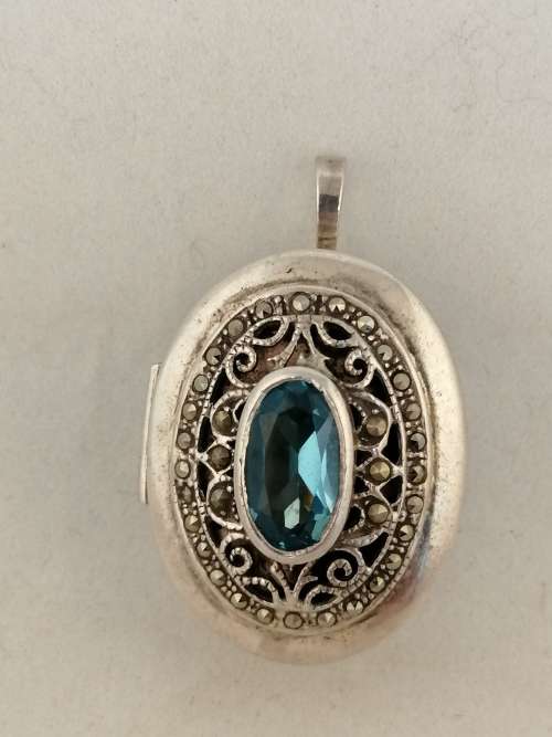 reserved for Beth,Silver Pill Box Pendant with Stone, Possibly Topaz