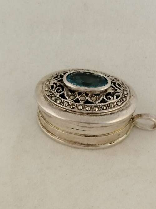 reserved for Beth,Silver Pill Box Pendant with Stone, Possibly Topaz